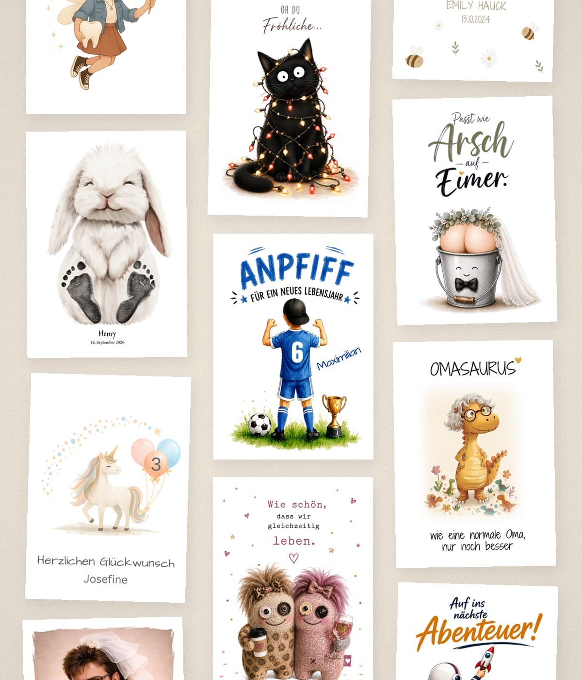 Echte 3Käsehoch-Grußkarten – Collage mit Motiven aus dem Shop