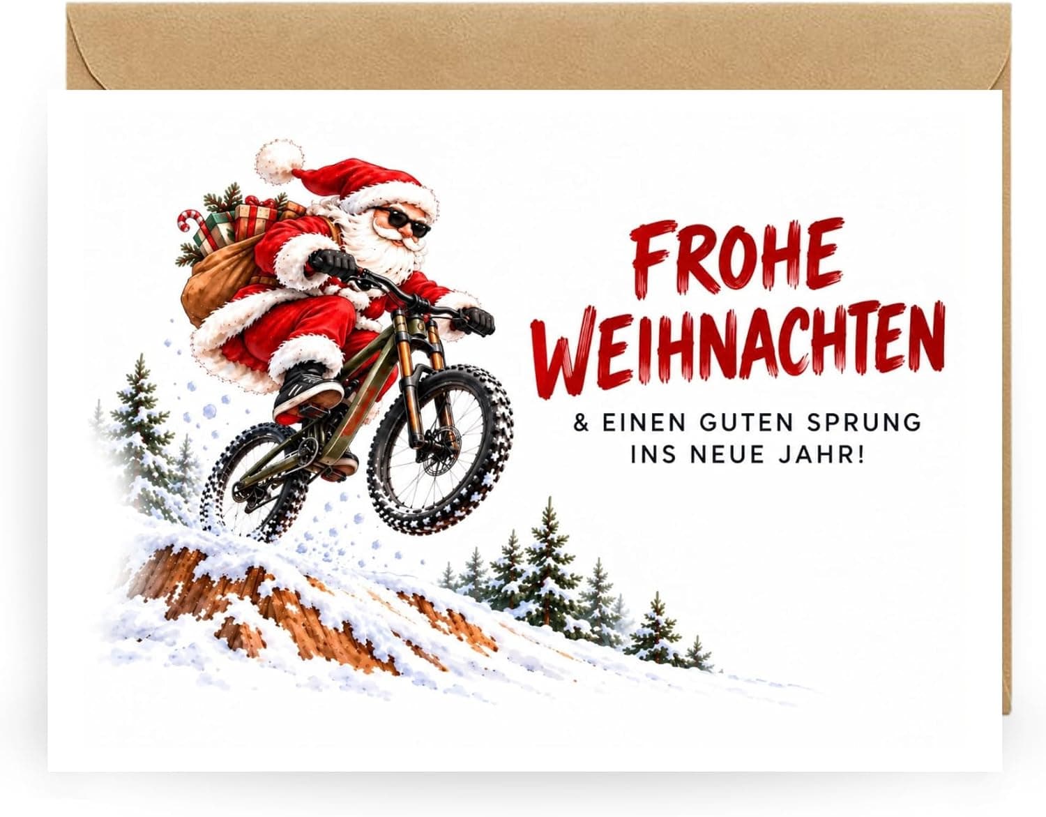 Lustige Weihnachtskarte Santa auf dem Mountainbike oder Ski – Santa Bike