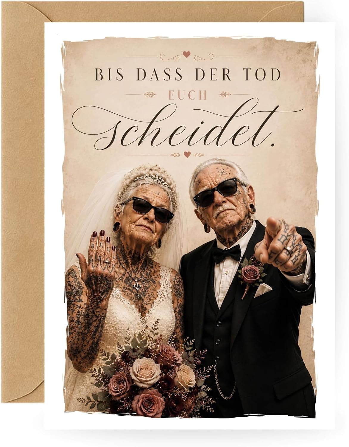Hochzeitskarte Tattoo-Brautpaar „Bis dass der Tod euch scheidet“