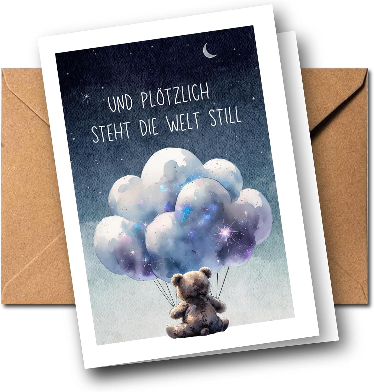 Trauerkarte Kind mit Bär „Und plötzlich steht die Welt still“