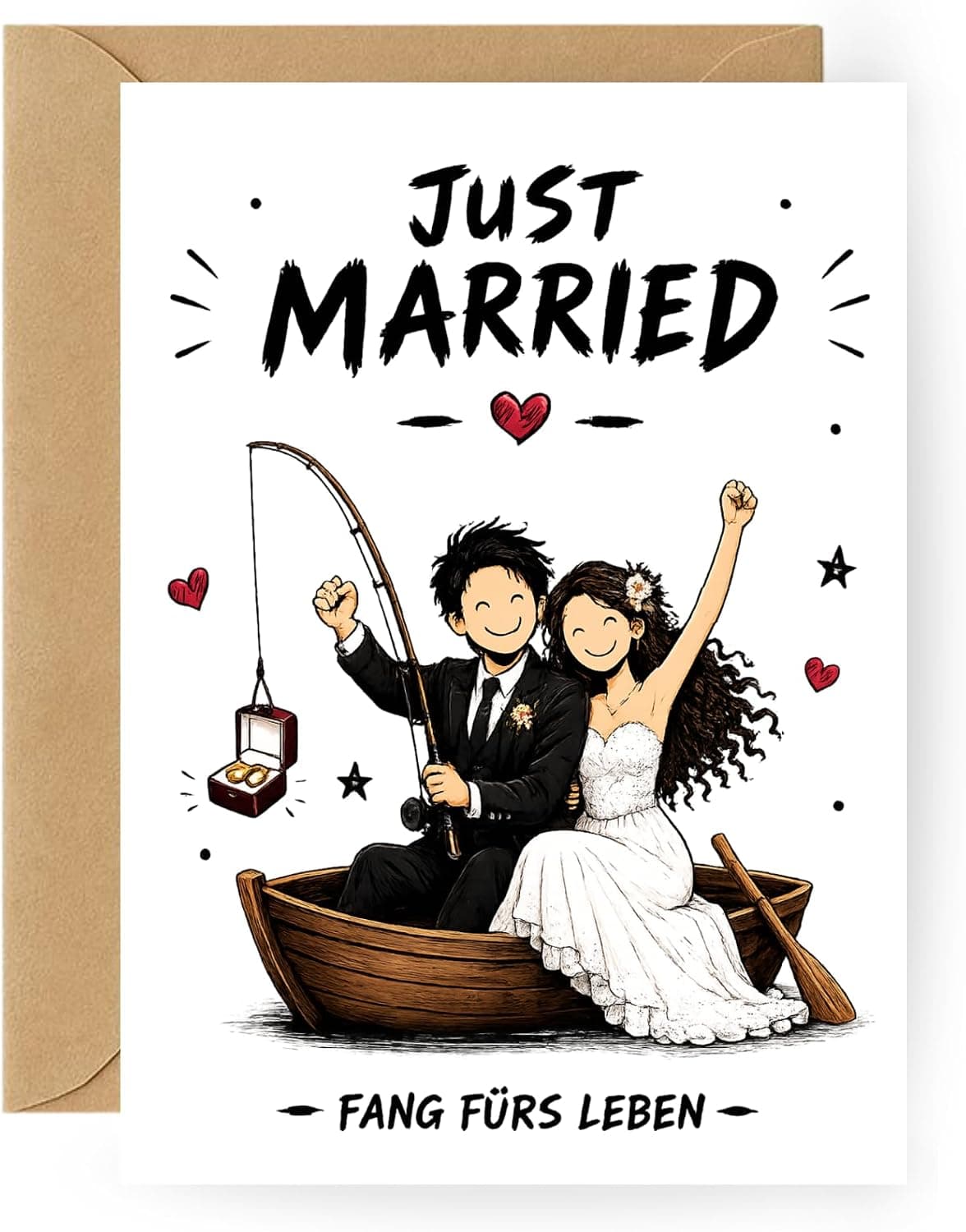 Hochzeitskarte „Just Married“ – Boot, Motorrad oder Camper