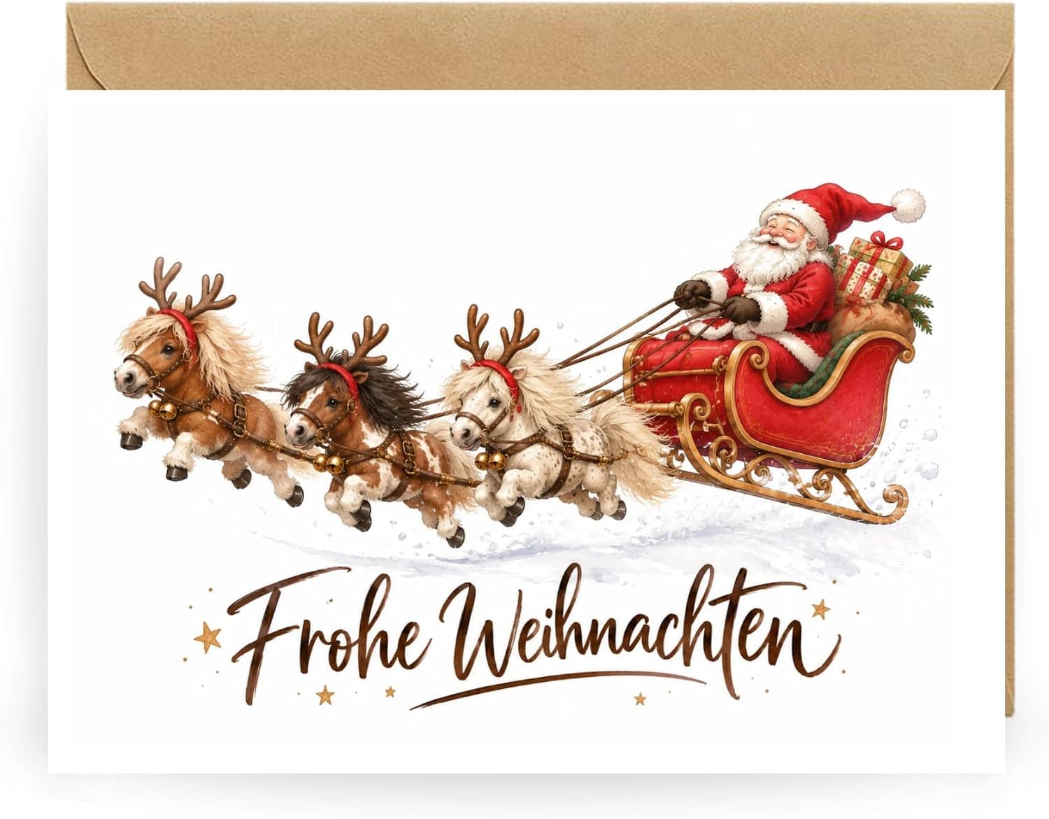 Lustige Pferde-Weihnachtskarte – Ponys als Rentiere