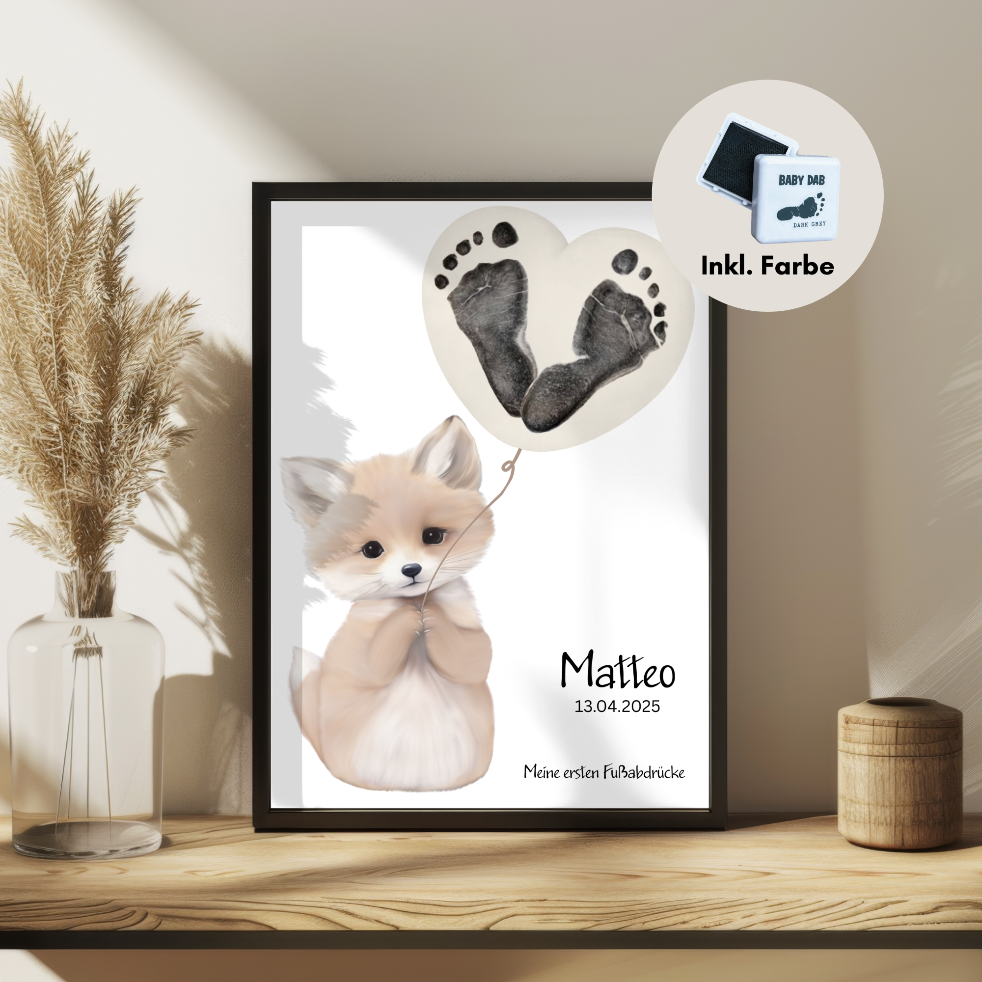 Fuchs Greige Ballon Schwarzer Rahmen Boho Puschel Mockup