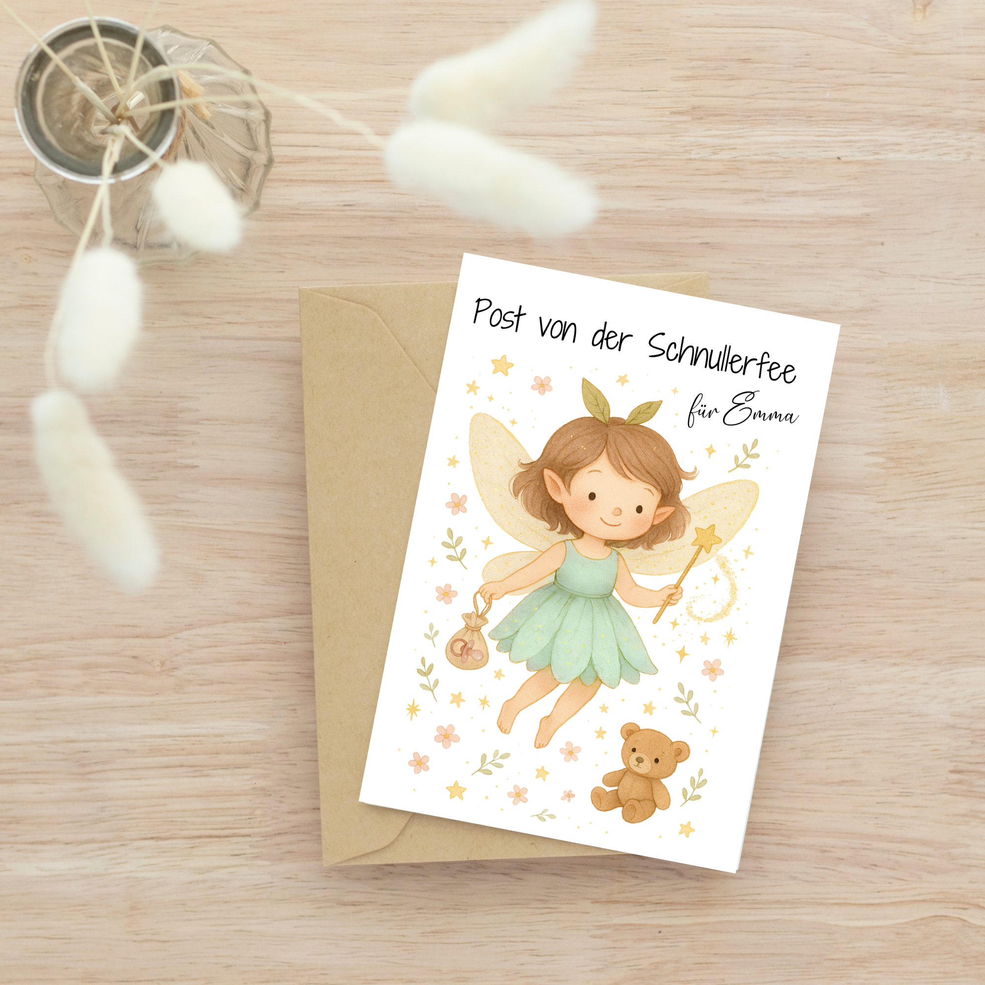 Schnullerfee gedöns holz und weiße Puschel Karte